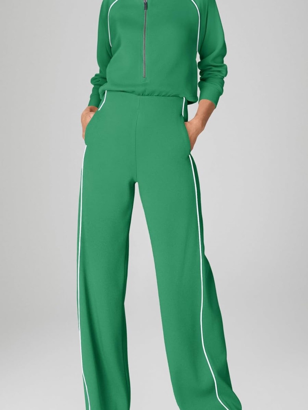 Green Wide-Leg Zip-Neck Jumpsuit with White Piping easy potty feature 💚 - Picture 4 of 7